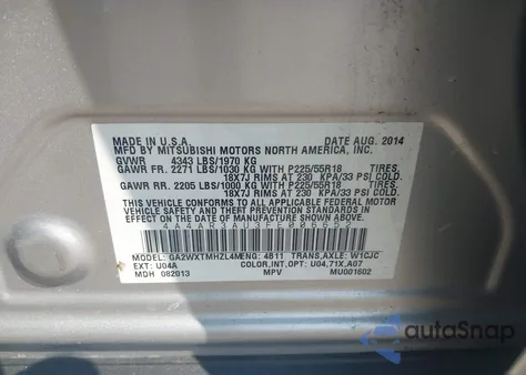 2015 Mitsubishi Outlander Sport Es из США, поврежденный, VIN 4A4AR3AU3FE006652